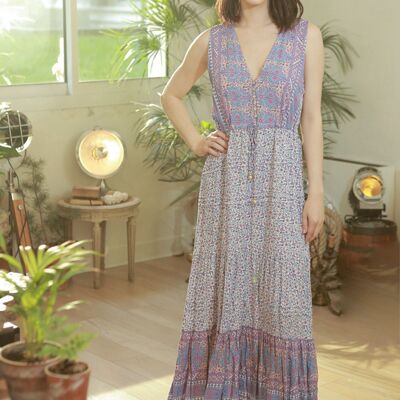 Long purple dress with floral print button front and V-neck