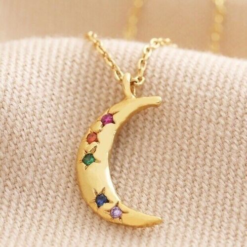 Rainbow Crystal Crescent Moon Pendant Necklace in Gold