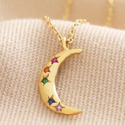 Rainbow Crystal Crescent Moon Pendant Necklace in Gold
