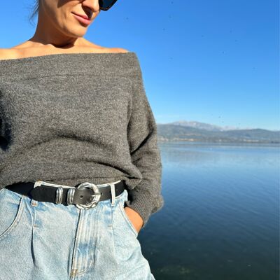 Handmade Women Leather Belt Silver Buckles, Waist Belt, Black Belt, Made from Real Genuine Leather, Made in Greece - Rivers Waves