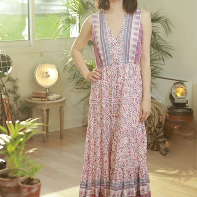 Long beige dress with pink and purple flower print, button front and V-neck
