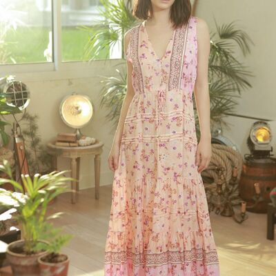 Beige long dress with purple floral print, buttoned front and V-neck