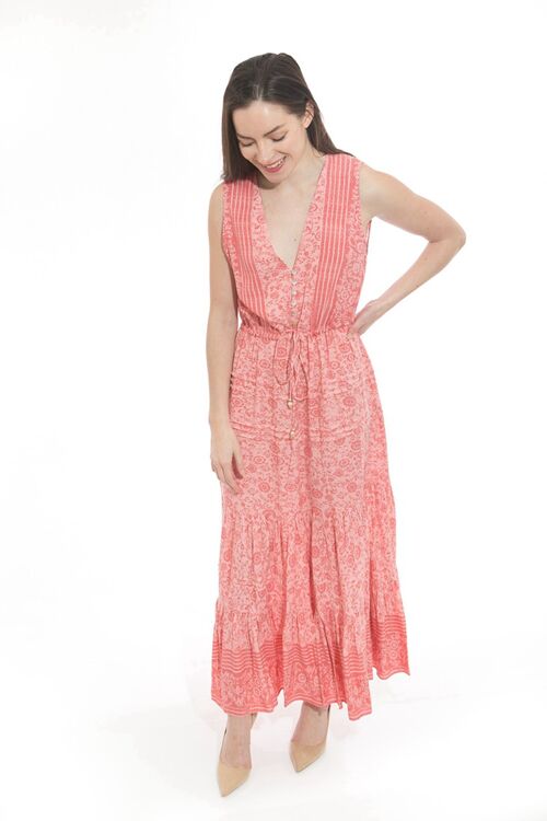 Robe longue rose à imprimé fleuri boutonnée devant et col V