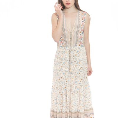 Long beige dress with blue flower print, buttoned front and V-neck