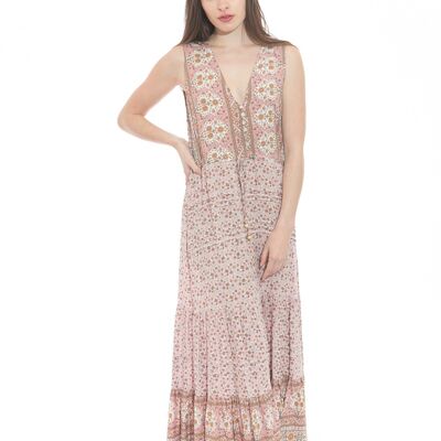 Long old pink dress with floral print, buttoned front and V-neck