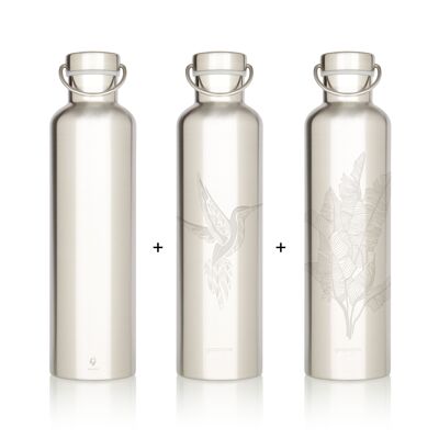 Gaspajoe insulated stainless steel water bottles, GROOVY 1L model - engraved Gaspajoe, Banana tree and Hummingbird
