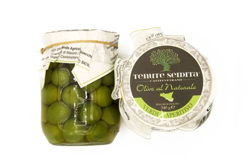 Green olives for Aperitif in glass jar