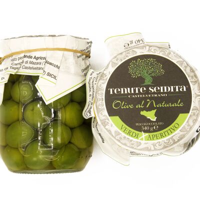 Green olives for Aperitif in glass jar