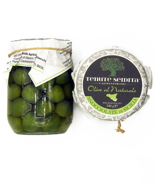 Pitted olives in glass jar