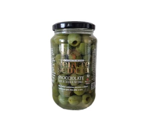 Pitted olives in glass jar