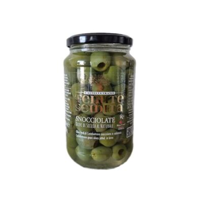 Pitted olives in glass jar