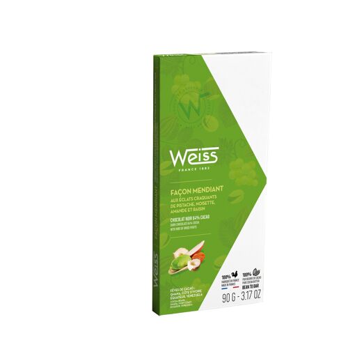 TABLETTES. 90gr, WEISS, MENDIANT noir 64%