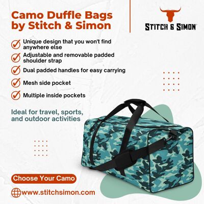 Camo Duffle Bag in Turquoise Camouflage by Stitch & Simon