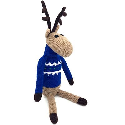 sustainable reindeer with blue Christmas turtleneck - soft wool - Christmas decoration - handmade in Nepal - crochet render blue - Christmas decoration