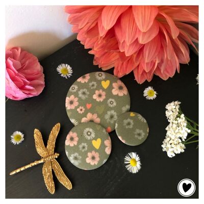 Set of 3 floral/heart/khaki fabric badges (Valentine's Day, Grandmother's Day, Grandma's Gift)