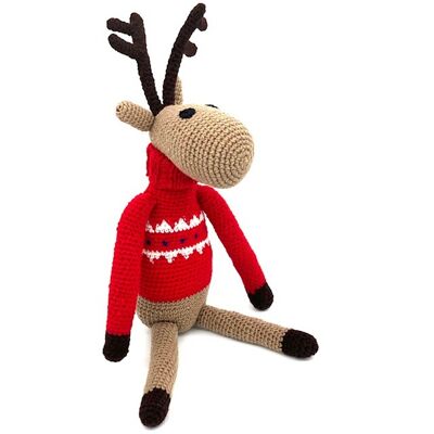 reno sostenible con cuello alto navideño rojo - lana suave - decoración navideña - hecho a mano en Nepal - crochet render rojo - decoración navideña