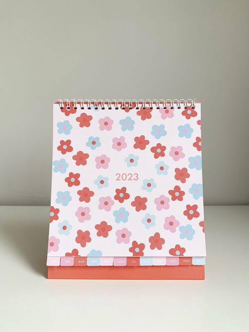 2023 Pink & Blue Flowers Desk Calendar, Monthly Divider, Monday Start