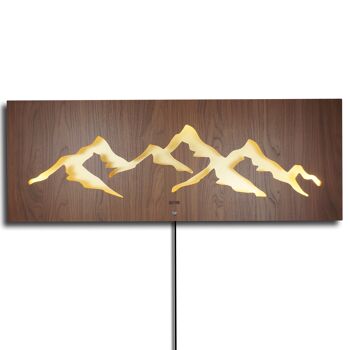 Papier peint à LED modèle de paysage de montagne "MONTAGNA", image illuminée 3D 110x40cm, décoration murale bois métal rustique aspect bois brun noyer sur plaque en aluminium brossé couleur or, sculpture lumineuse illuminée, style country 7