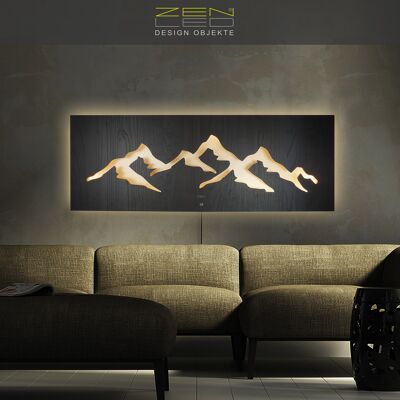 LED mural mountain landscape model "MONTAGNA", 3D illuminated image 110x40cm, rustic wood metal wall decoration in walnut-black wood look on brushed aluminum plate in champagne, illuminated light sculpture, country style