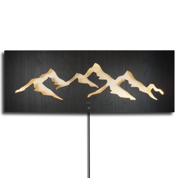 Papier peint LED modèle de paysage de montagne "MONTAGNA", image illuminée 3D 110x40cm, décoration murale bois métal rustique aspect noyer-noir sur plaque aluminium brossé couleur champagne, sculpture lumineuse illuminée, style country 7