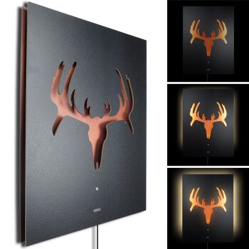 Murale LED bois d'orignal modèle "CRANIO", image illuminée 3D 60x80cm, décoration murale bois métal moderne aspect granit pierre noire sur plaque aluminium brossé en cuivre, sculpture lumineuse illuminée, BoHo 2