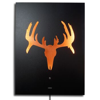 Murale LED bois d'orignal modèle "CRANIO", image illuminée 3D 60x80cm, décoration murale bois métal moderne aspect granit pierre noire sur plaque aluminium brossé en cuivre, sculpture lumineuse illuminée, BoHo 7