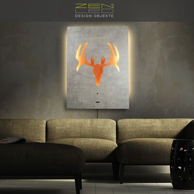 LED mural moose deer antler model "CRANIO", 3D illuminated image 60x80cm, modern wood metal wall decoration in concrete gray stone look on brushed aluminum plate in copper, illuminated light sculpture, BoHo