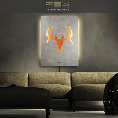 Murale a LED con corna di alce e cervo modello "CRANIO", immagine 3D illuminata 60x80cm, moderna decorazione murale in legno e metallo in cemento grigio effetto pietra su lastra di alluminio spazzolato in rame, scultura luminosa illuminata, BoHo