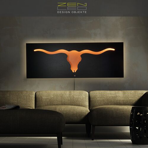 LED Wandbild Stier Bulle Schädel Longhorn Modell  "TORO", 3D Leuchtbild 110x40cm, moderne Holz Metall Wanddeko in Granit-Schwarzer Stein-Optik auf gebürsteter Alu-Platte in Kupfer, beleuchtete Lichtskulptur, BoHo