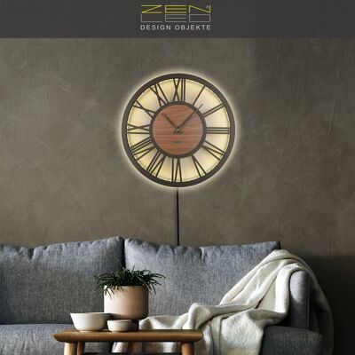 LED wooden wall clock XLØ50cm and XXLØ70cm model "ROMA-MDF" in walnut brown on a large Roman dial and silent clockwork; vintage retro boho wall art; 3D light effect RGB colored backlit with APP Bluetooth remote control
