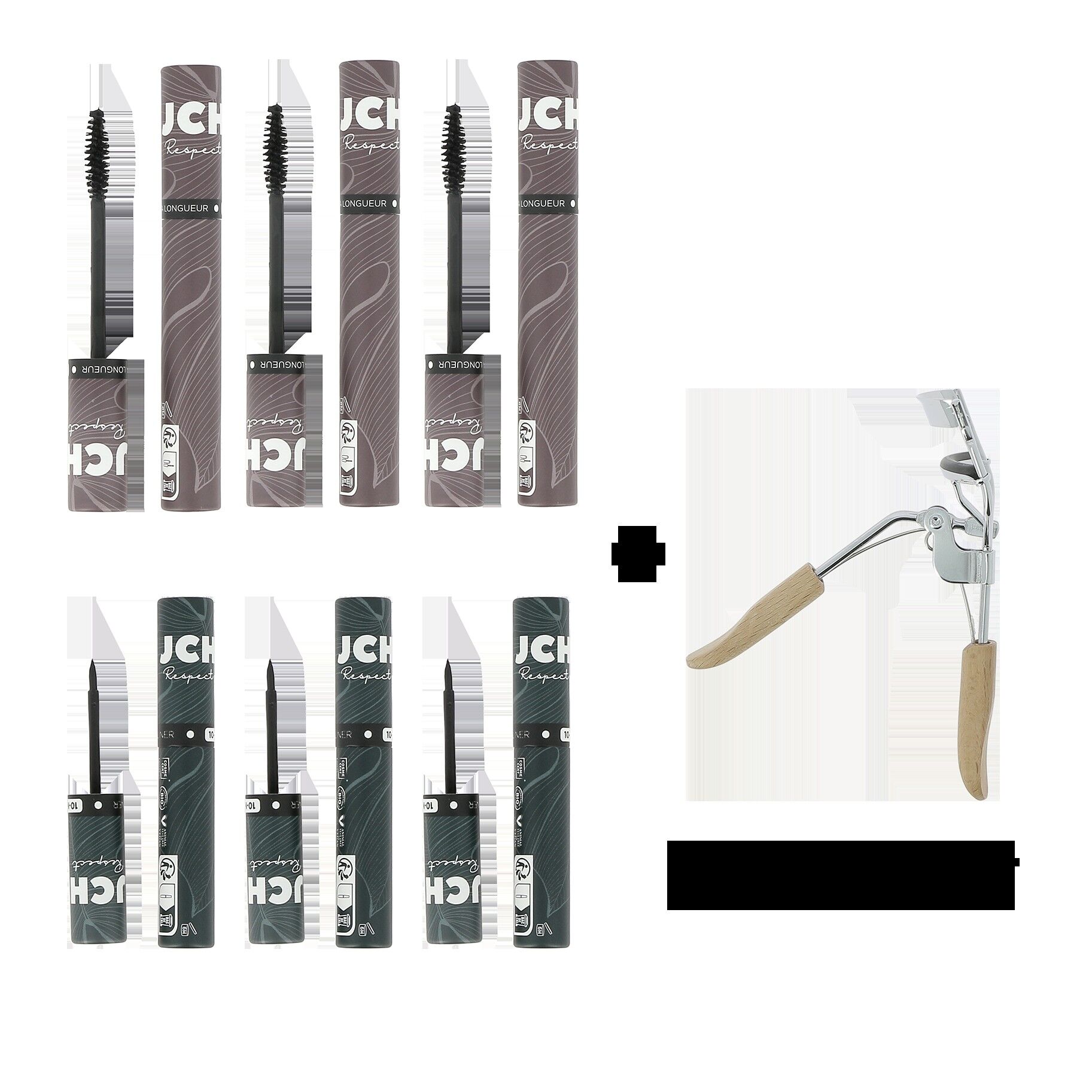 Confezione da 3 mascara e 3 eyeliner + 1 piegaciglia offerto