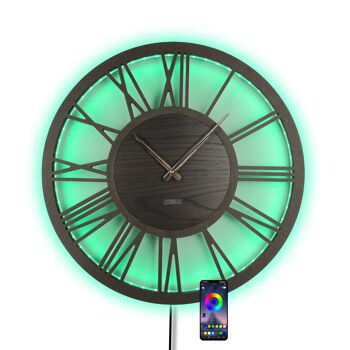 Horloge murale LED en bois XLØ50cm et XXLØ70cm modèle "ROMA-MDF" en noyer noir sur un grand cadran romain et un mouvement d'horlogerie silencieux; art mural bohème rétro vintage; Effet de lumière 3D RVB rétro-éclairé avec télécommande Bluetooth APP 6