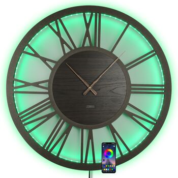 Horloge murale LED en bois XLØ50cm et XXLØ70cm modèle "ROMA-MDF" en noyer noir sur un grand cadran romain et un mouvement d'horlogerie silencieux; art mural bohème rétro vintage; Effet de lumière 3D RVB rétro-éclairé avec télécommande Bluetooth APP 10