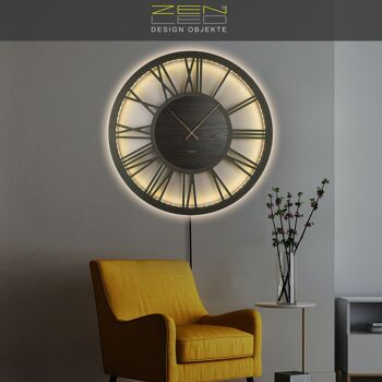 Horloge murale LED en bois XLØ50cm et XXLØ70cm modèle "ROMA-MDF" en noyer noir sur un grand cadran romain et un mouvement d'horlogerie silencieux; art mural bohème rétro vintage; Effet de lumière 3D RVB rétro-éclairé avec télécommande Bluetooth APP 12