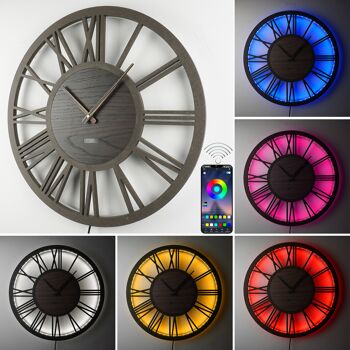 Horloge murale LED en bois XLØ50cm et XXLØ70cm modèle "ROMA-MDF" en noyer noir sur un grand cadran romain et un mouvement d'horlogerie silencieux; art mural bohème rétro vintage; Effet de lumière 3D RVB rétro-éclairé avec télécommande Bluetooth APP 2