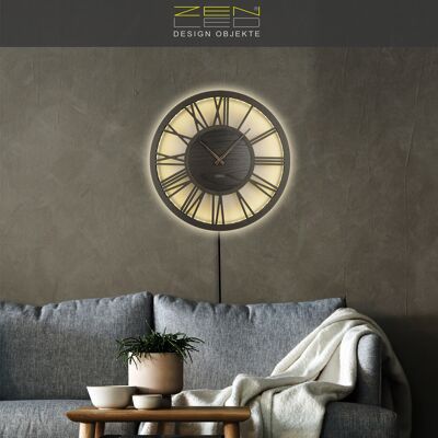 LED wooden wall clock XLØ50cm and XXLØ70cm model "ROMA-MDF" in walnut black on a large Roman dial and silent clockwork; vintage retro boho wall art; 3D light effect RGB colored backlit with APP Bluetooth remote control