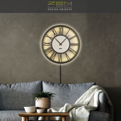 LED wooden wall clock XLØ50cm and XXLØ70cm model "ROMA-MDF" in maple white on a large Roman dial and silent clockwork; vintage retro boho wall art; 3D light effect RGB colored backlit with APP Bluetooth remote control