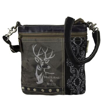 Sac porté épaule Domelo. Sac traditionnel en toile à motif cerf, gris/noir 1