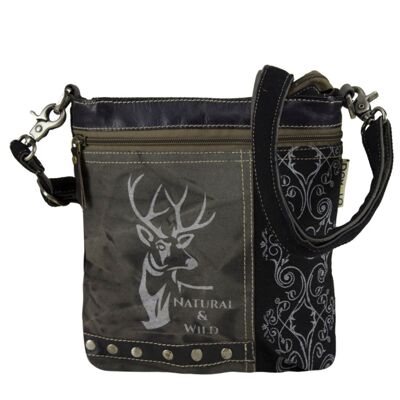 Domelo shoulder bag. Canvas traditional bag with deer motif, grey/ black