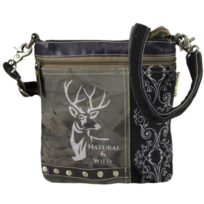 Domelo shoulder bag. Canvas traditional bag with deer motif, grey/ black