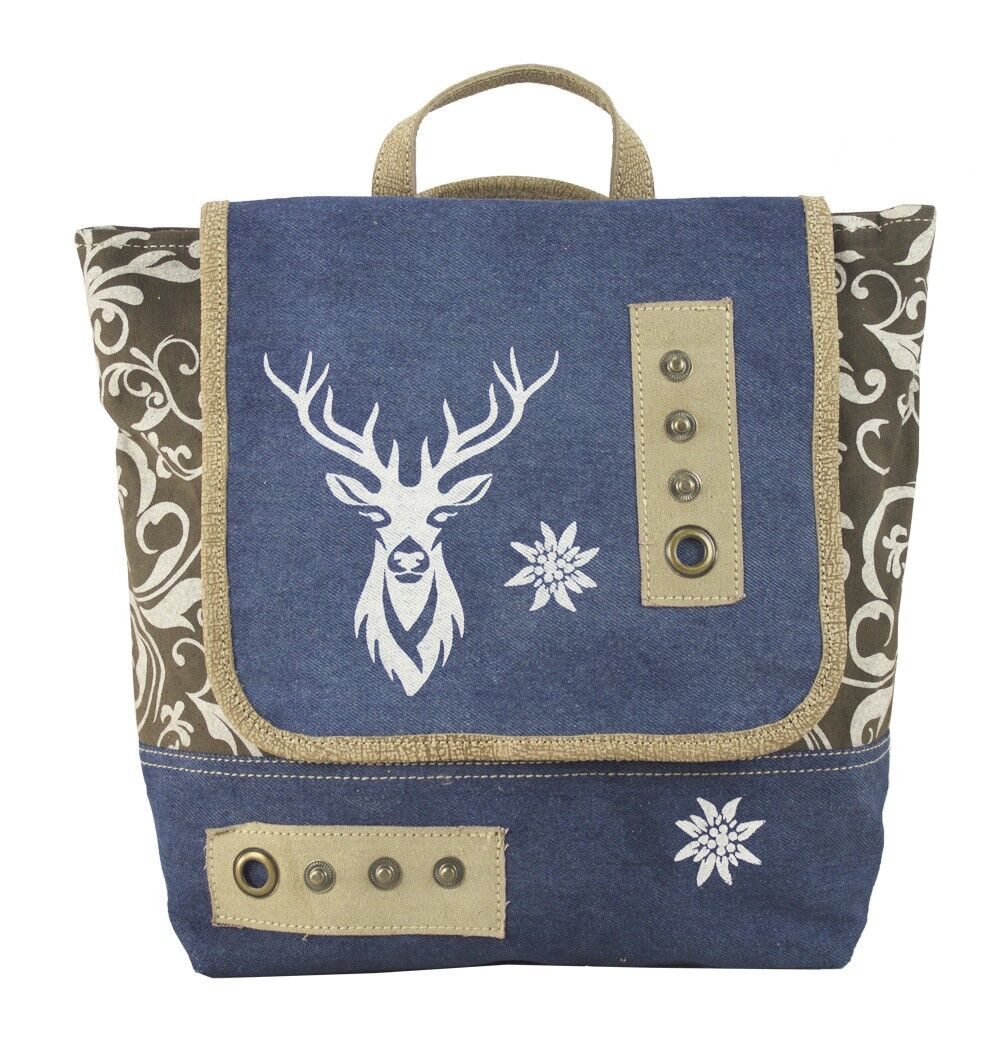 Domelo Trachten Rucksack & Umhängetasche für Mädchen. Backpack aus recycelter Jeans/Canvas Reh-Motiv