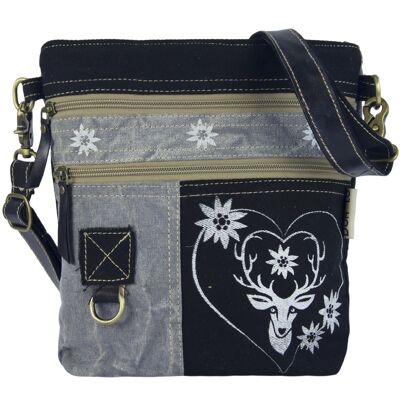 Borsa a tracolla Domelo. Borsa tradizionale in tela con motivo cuore/cervo, grigio nero