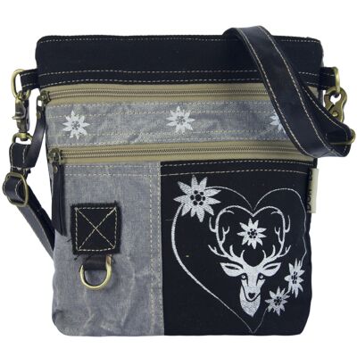 Domelo shoulder bag. Canvas traditional bag with heart/deer motif, black grey