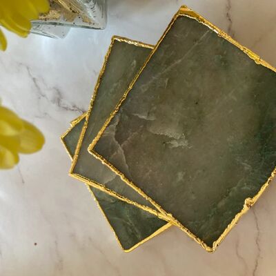 Green Aventurine Square Coaster with Gold Electroplating