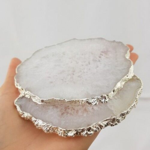 White Abstract Agate Coaster Electrolpated in Silver