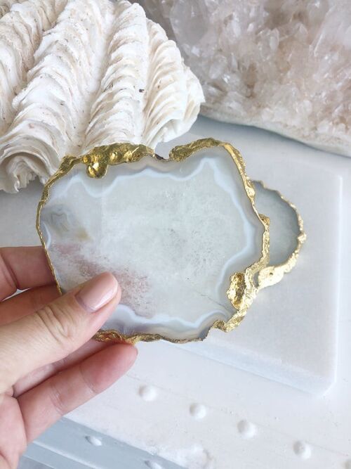 White Abstarct Agate Coaster Electroplated in Gold