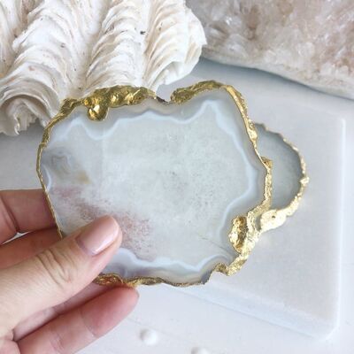 White Abstarct Agate Coaster Electroplated in Gold