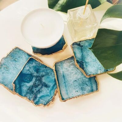 Blue Agate Square Coaster Electrolpated in Gold