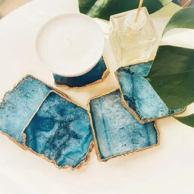 Blue Agate Square Coaster Electrolpated in Gold