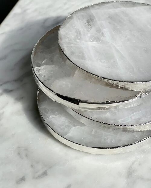 White Quartz Round Coaster Electrolplated in Silver